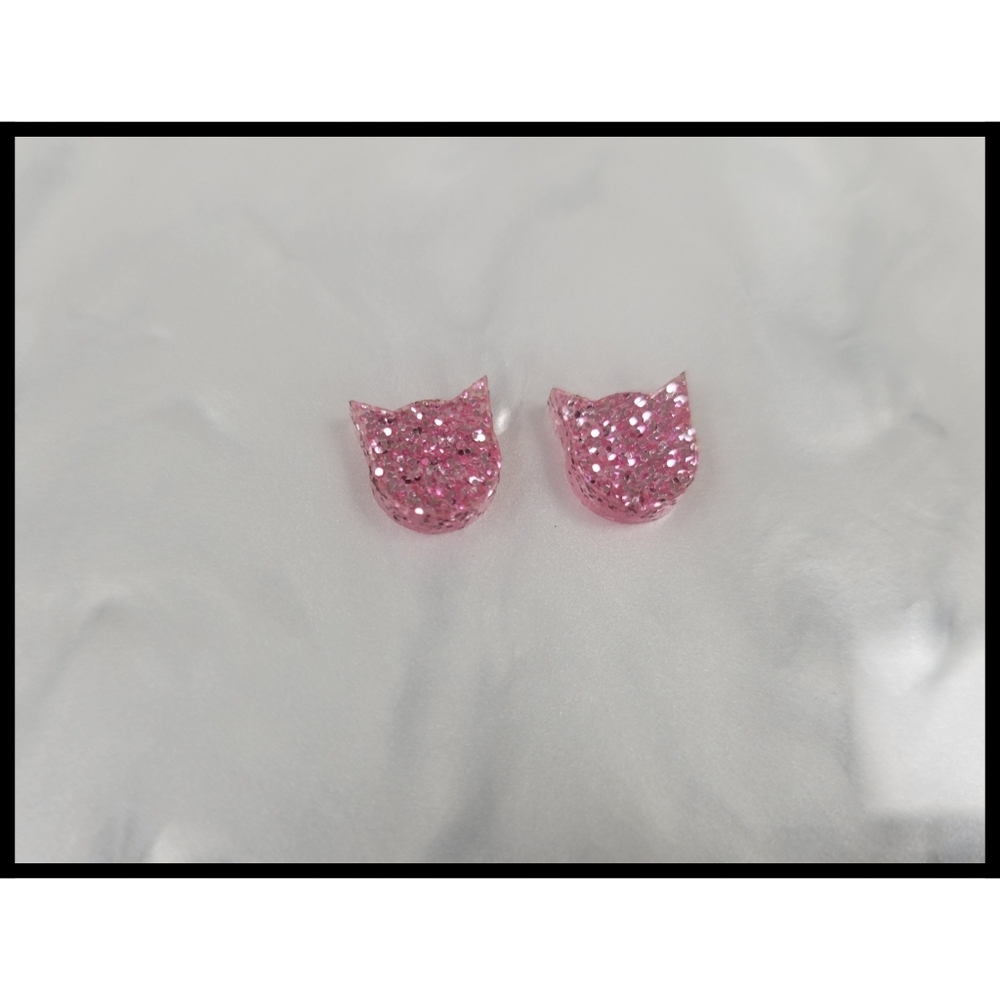 Sparkly Pink Cat Stud Earrings, Cute Cat Lover Jewelry  Hypoallergenic